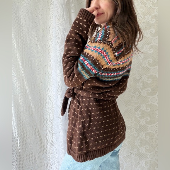 Vintage Southwestern Knit Cardigan Blanket Wrap Boho Cotton Chaps - Picture 5 of 15